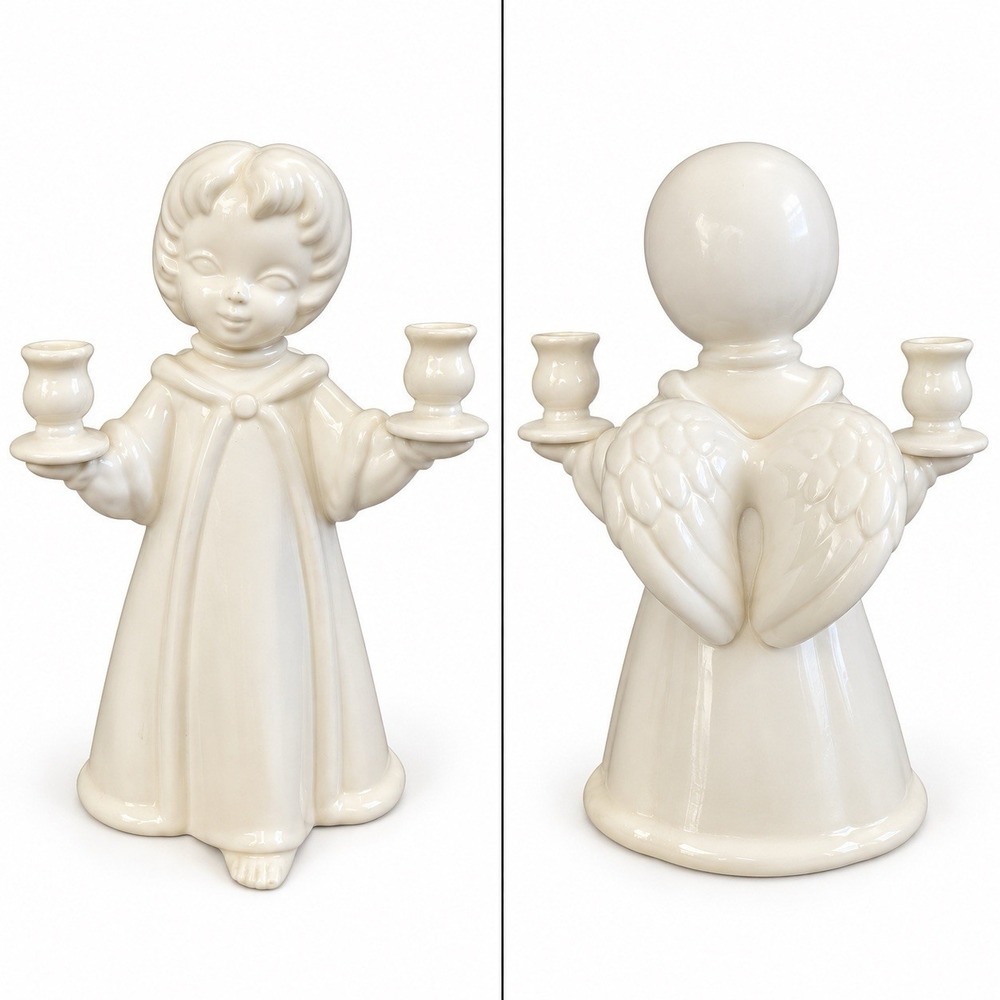 Vintage 13" White Ceramic Angel Double Candle Holder Holiday Christmas Decor